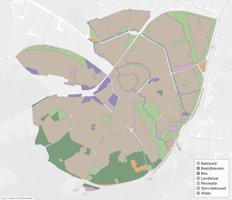 Map with areas and land use in Amersfoort. Created in Tableau 2021.2.