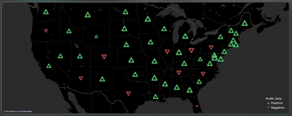 Landkaart van Amerika met neon iconen. Dashboard gemaakt in Tableau.