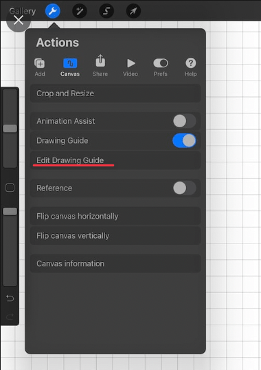 Procreate Action Menu. With Edit Drawing Guide Highlighted